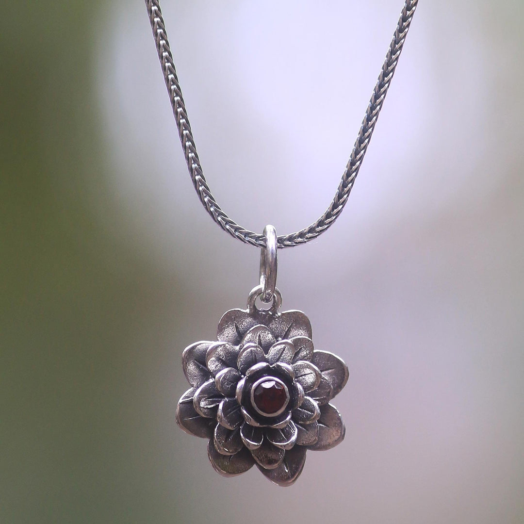 Floral Sterling Silver Garnet Pendant Necklace - Sacred Red Lotus