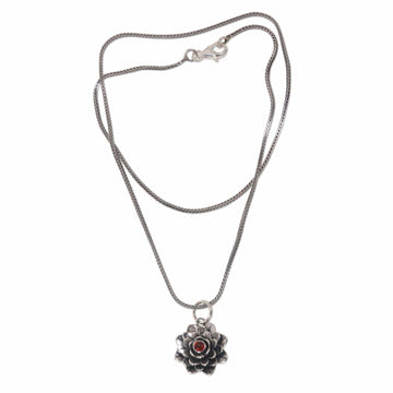 Floral Sterling Silver Garnet Pendant Necklace - Sacred Red Lotus