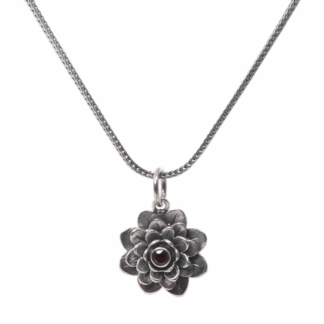 Floral Sterling Silver Garnet Pendant Necklace - Sacred Red Lotus