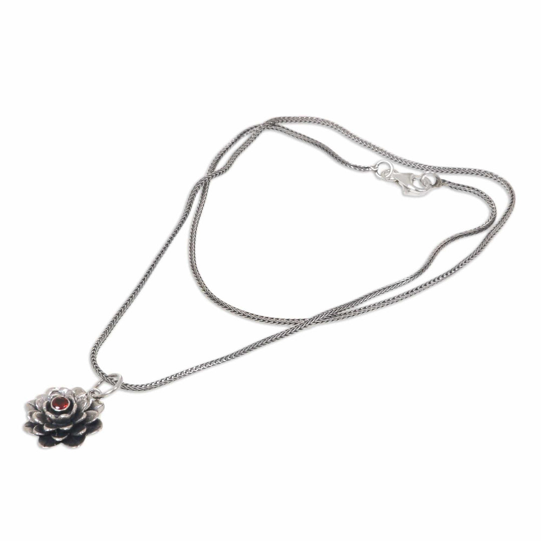 Floral Sterling Silver Garnet Pendant Necklace - Sacred Red Lotus