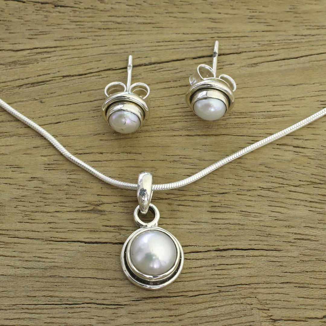 Bridal Pearl Jewelry Set in Sterling Silver  - White Cloud