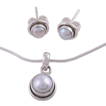 Bridal Pearl Jewelry Set in Sterling Silver  - White Cloud