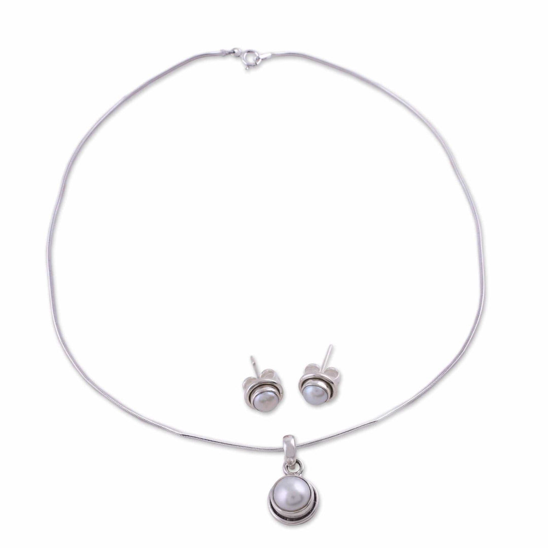 Bridal Pearl Jewelry Set in Sterling Silver  - White Cloud