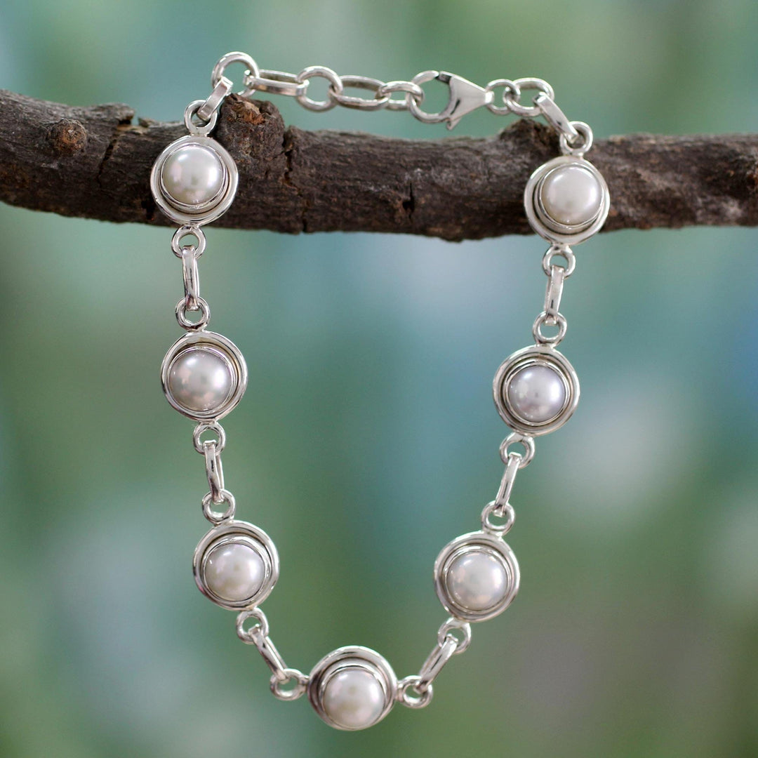 Hand Made Bridal Sterling Silver Link Pearl Bracelet - White Cloud