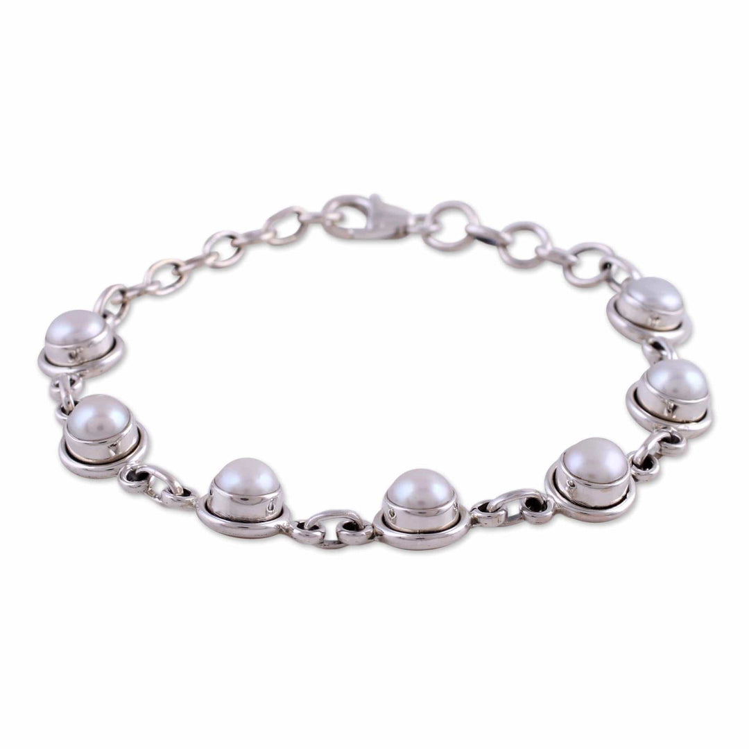 Hand Made Bridal Sterling Silver Link Pearl Bracelet - White Cloud
