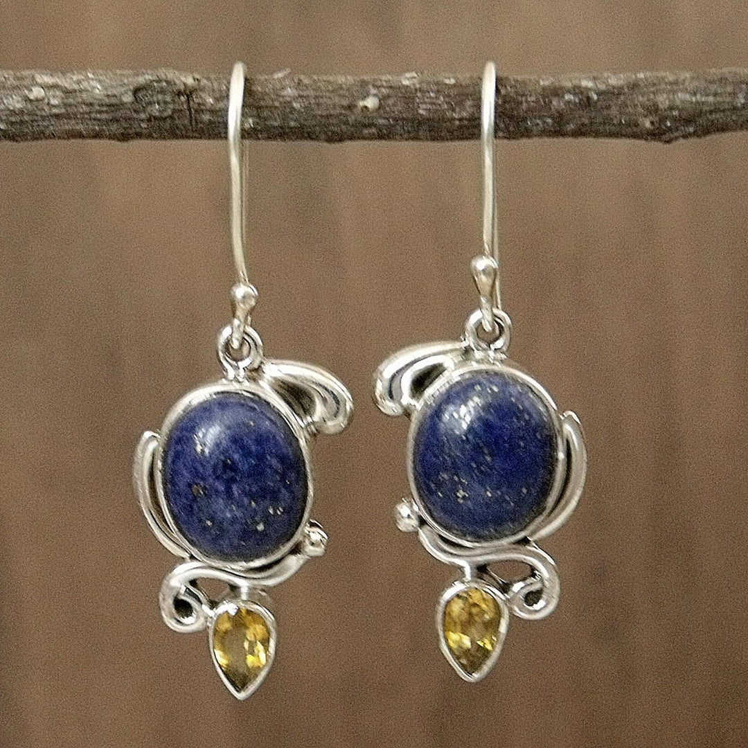 Indian Earrings with Lapis Citrine and Sterling Silver - Royal Charm