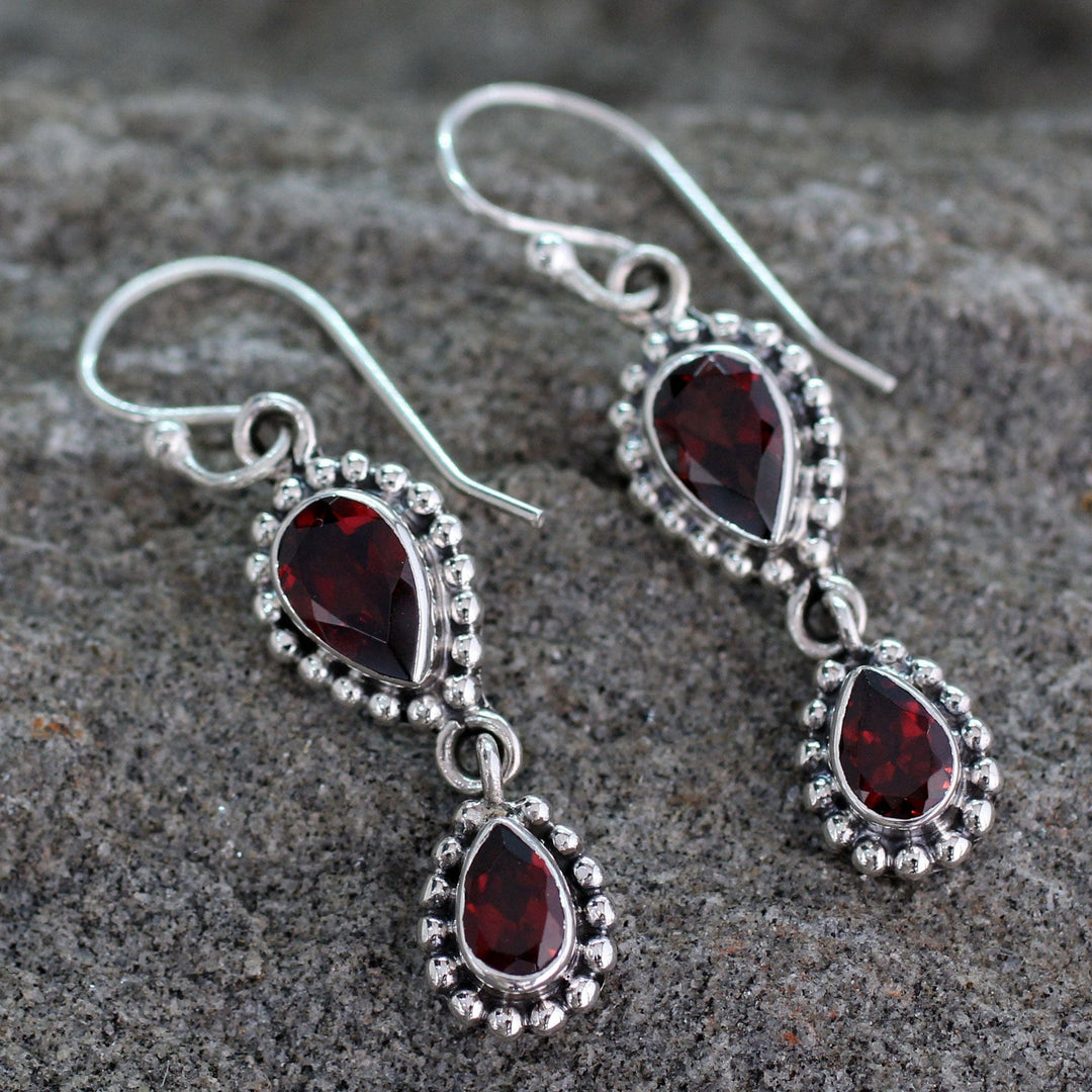 Sterling Silver Garnet Earrings - 'Halo of Beauty'