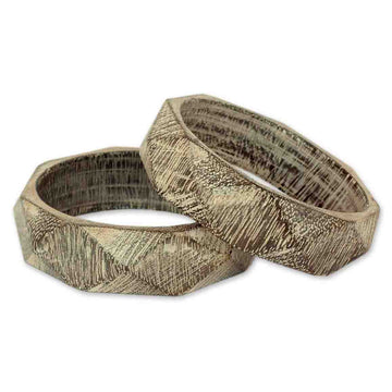 Wood Bangle Bracelets Hand Carved in India (Pair) - Vintage Forest