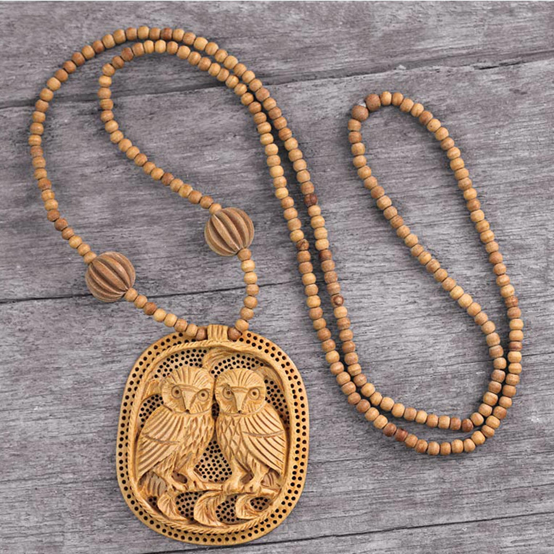 India Wood Jewelry Hand Crafted Necklace - Owl Romance