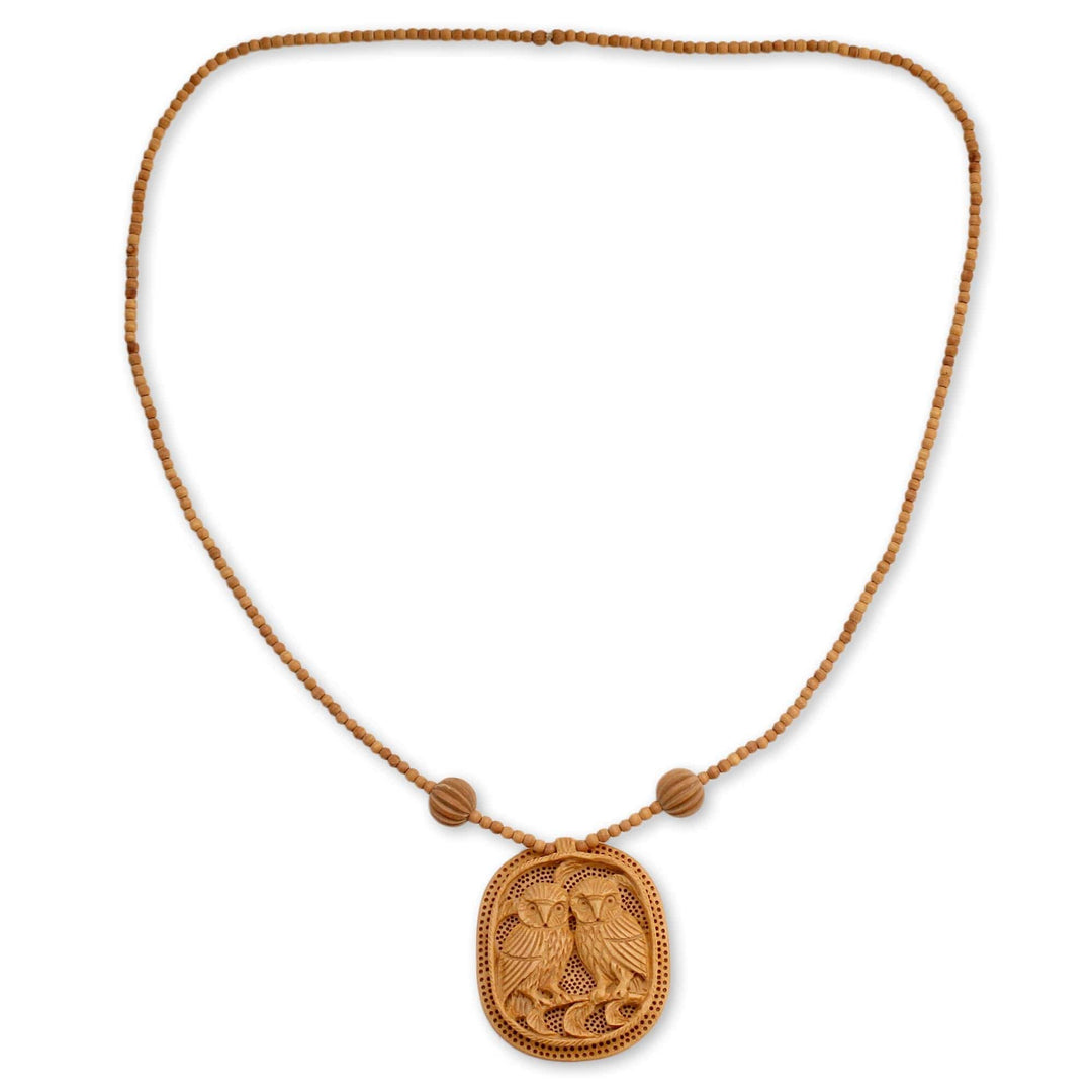 India Wood Jewelry Hand Crafted Necklace - Owl Romance