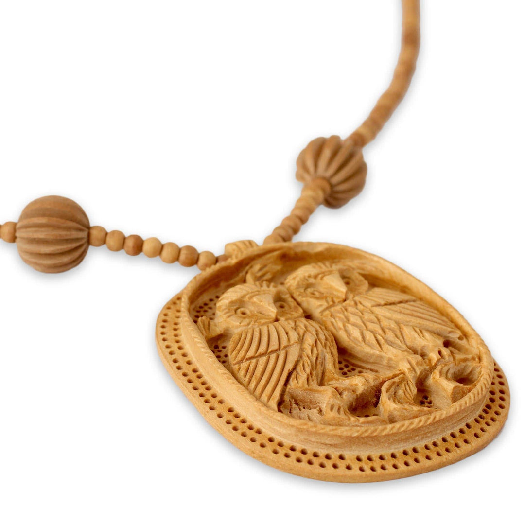 India Wood Jewelry Hand Crafted Necklace - Owl Romance