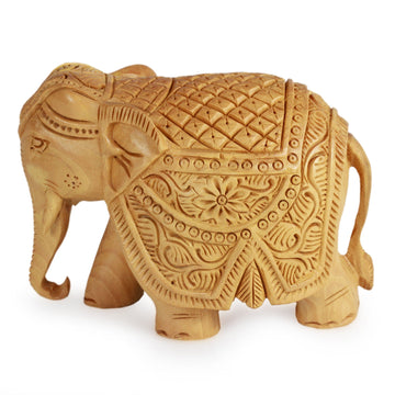 Wood Elephant Sculpture Hand Carved in India (4 Inch) - Majestic Elephant