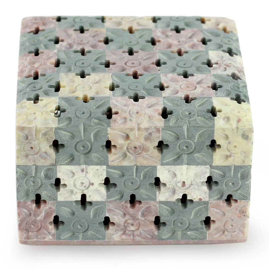 Artisan Crafted Natural Soapstone Decorative Box - Bed of Flowers