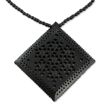 Ebony Wood Necklace Hand Carved Jewelry from India - Mughal Enchantress Diamond