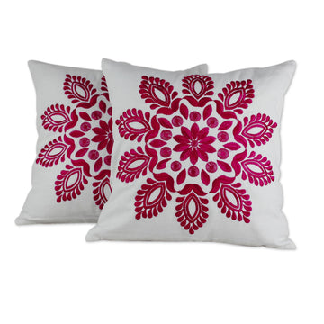 Hot Pink and White Embroidered Floral Cushion Covers (Pair) - Hot Pink Delhi Splendor