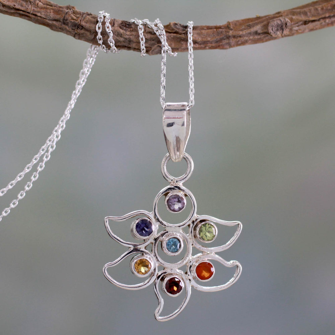Sterling Silver Necklace Multi Gemstone Chakra Jewelry - Rainbow Dew