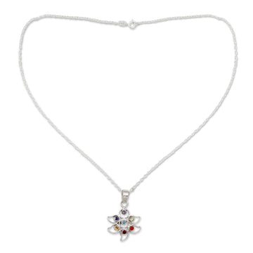 Sterling Silver Necklace Multi Gemstone Chakra Jewelry - Rainbow Dew