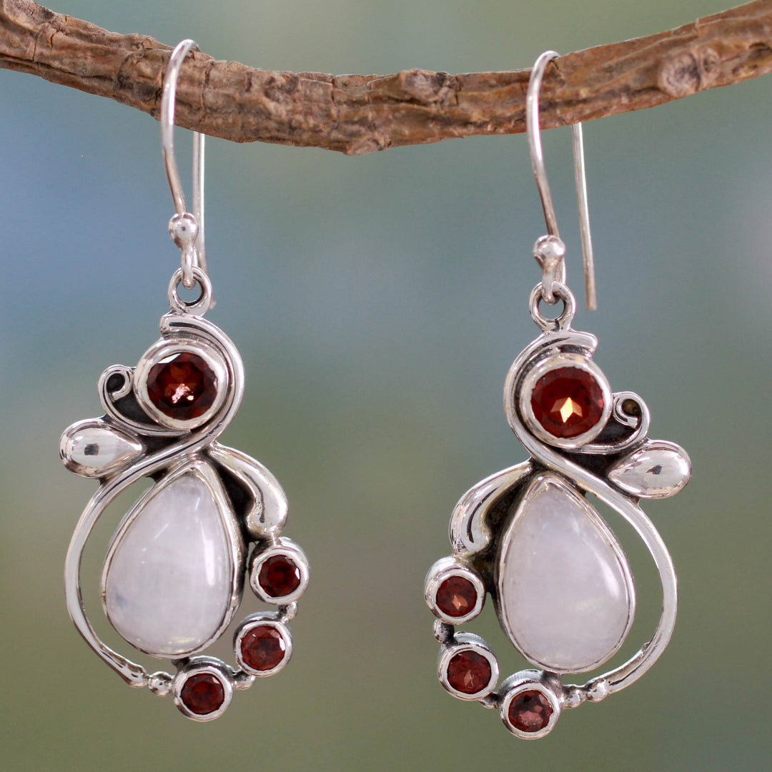 Garnet Earrings with Rainbow Moonstone - Exquisite