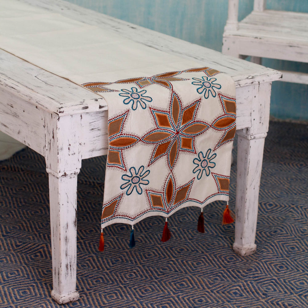 Embroidered Applique Table Runner with Beadwork from India - Ginger Stars