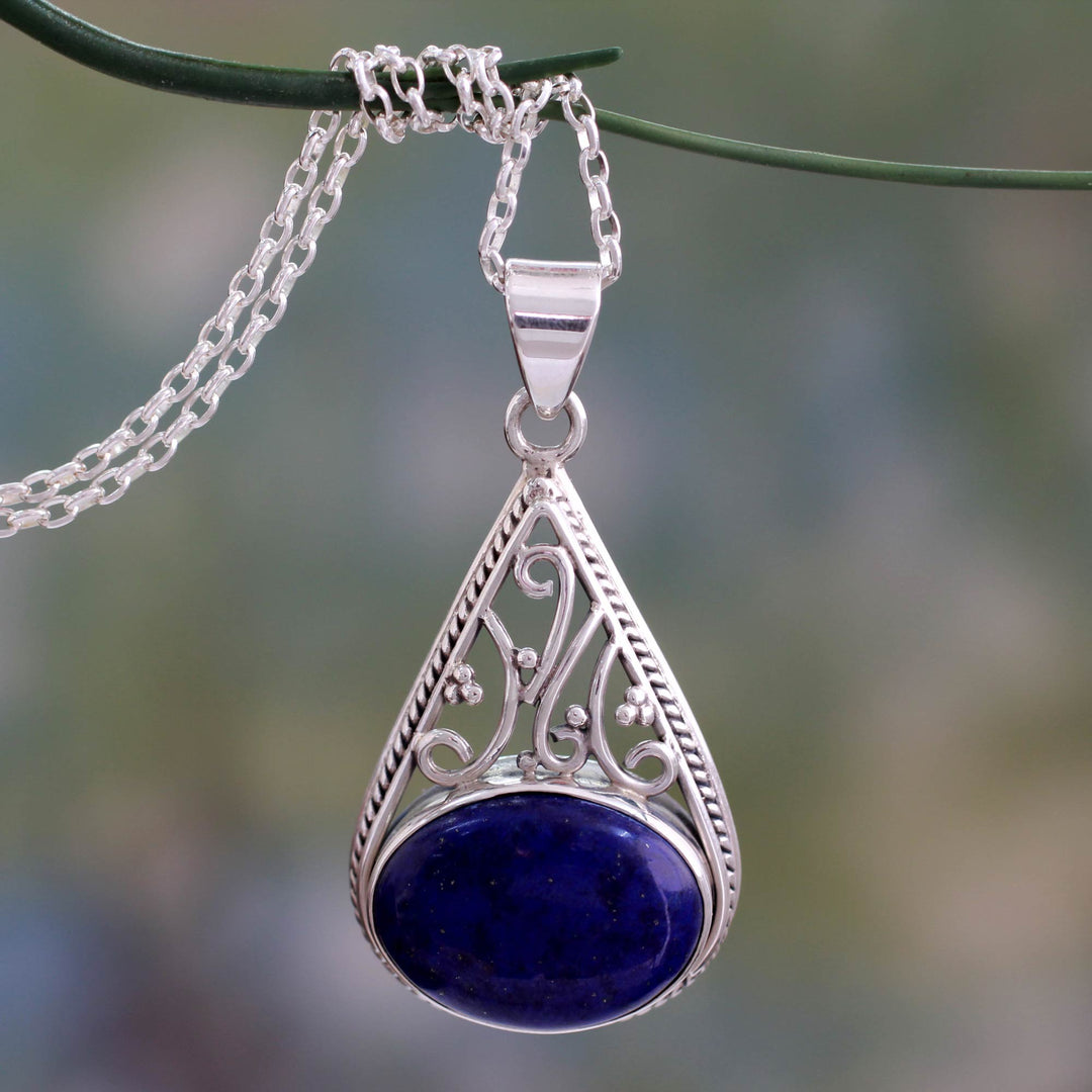 Indian Jali Style Silver Pendant Necklace with Lapis Lazuli - Royal Grandeur