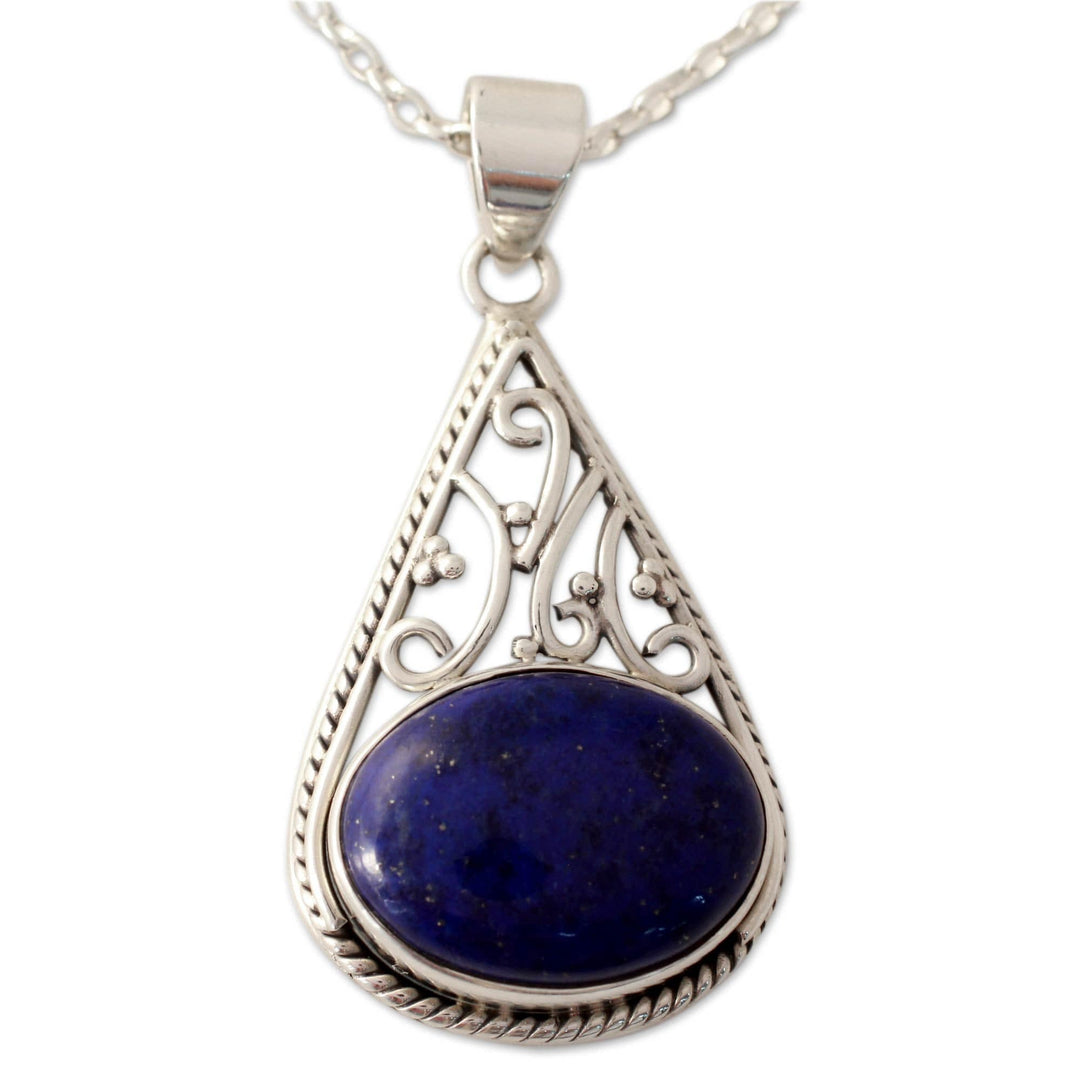 Indian Jali Style Silver Pendant Necklace with Lapis Lazuli - Royal Grandeur
