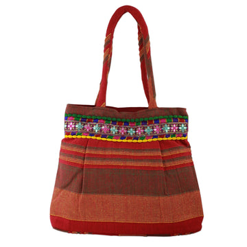 Red and Orange Striped Cotton Shoulder Bag from India - Scarlet Dawn