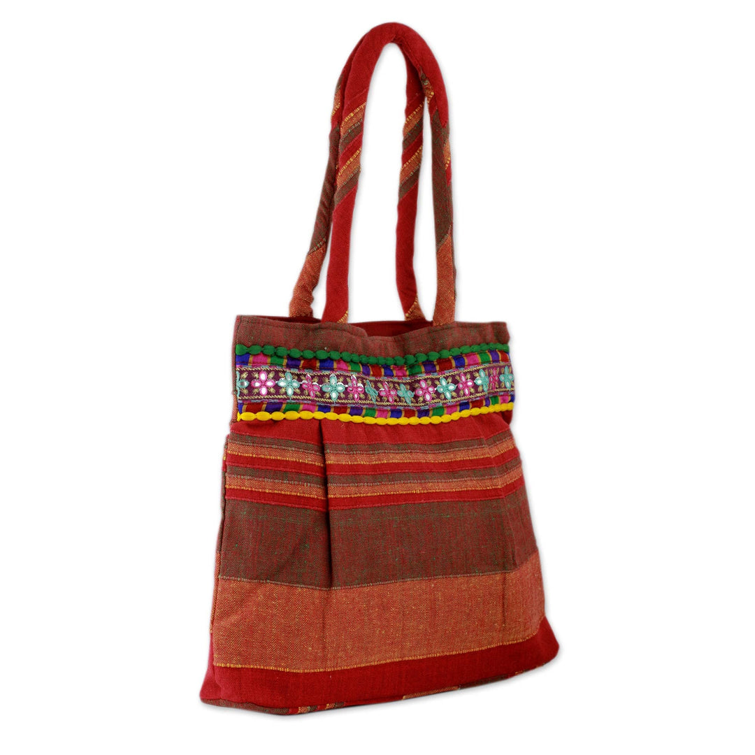 Red and Orange Striped Cotton Shoulder Bag from India - Scarlet Dawn