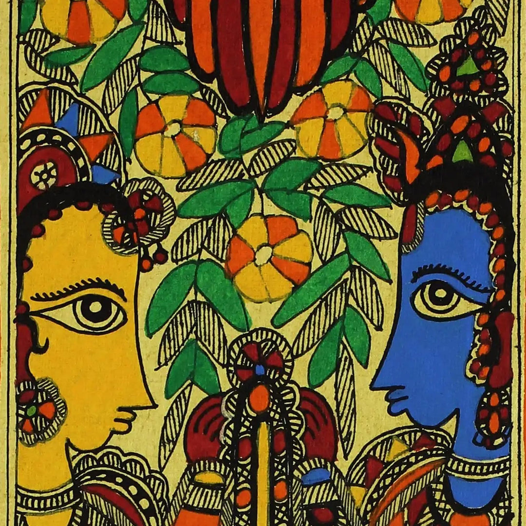 Authentic India Madhubani Ramayana Theme Painting - Rama and Sita Union