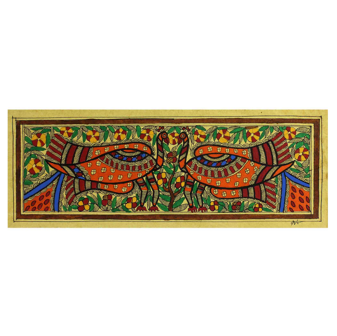 Signed Authentic India Madhubani Painting - Peacock Dance
