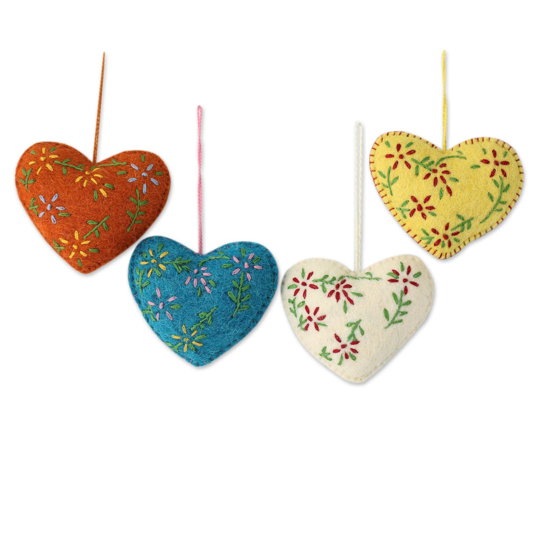 Wool Ornaments - Set of 4 - Holiday Hearts