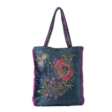 Velvet Applique Shoulder Bag with Embroidery and Sequins - Butterfly Garden