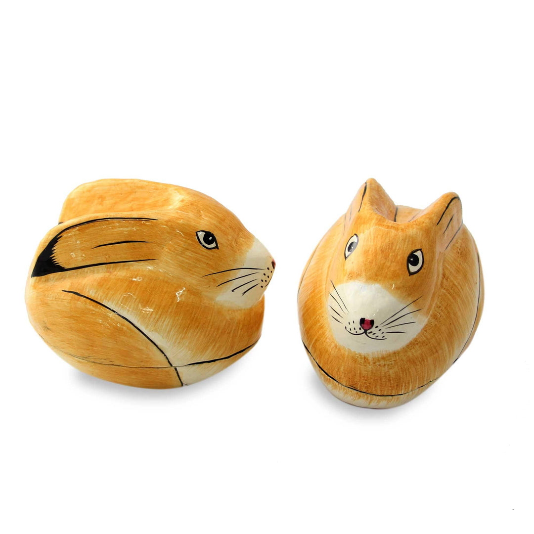 Artisan Crafted Papier Mache Decorative Bunny Boxes (Pair) - Charismatic Rabbits