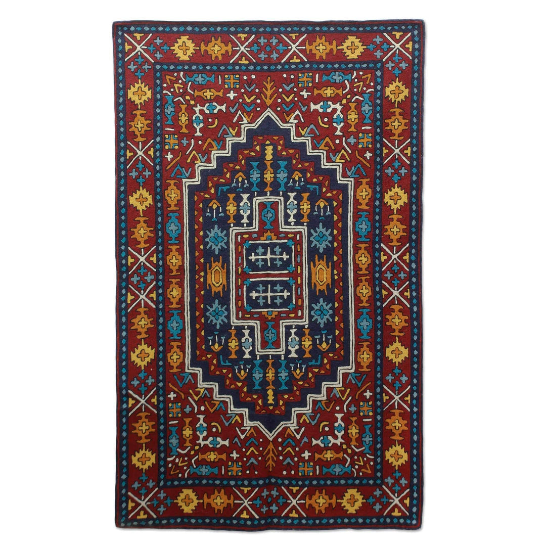 Blue and Burgundy Handcrafted Chain Stitch Wool Rug (3 x 5) - Blue Mughal Palace