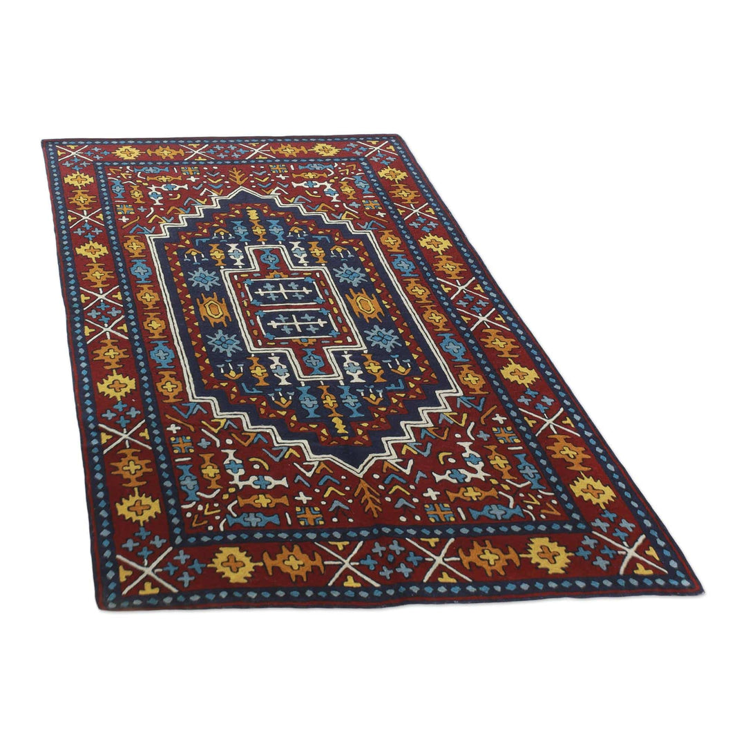 Blue and Burgundy Handcrafted Chain Stitch Wool Rug (3 x 5) - Blue Mughal Palace