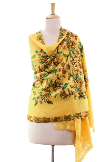 India Yellow Floral Shawl with Chain Stitch Embroidery - Flowers in the Sun