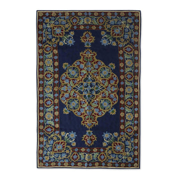 Chain Stitched Indian Rug in Blue, Burgundy and Gold (3x5) - Season of Flowers