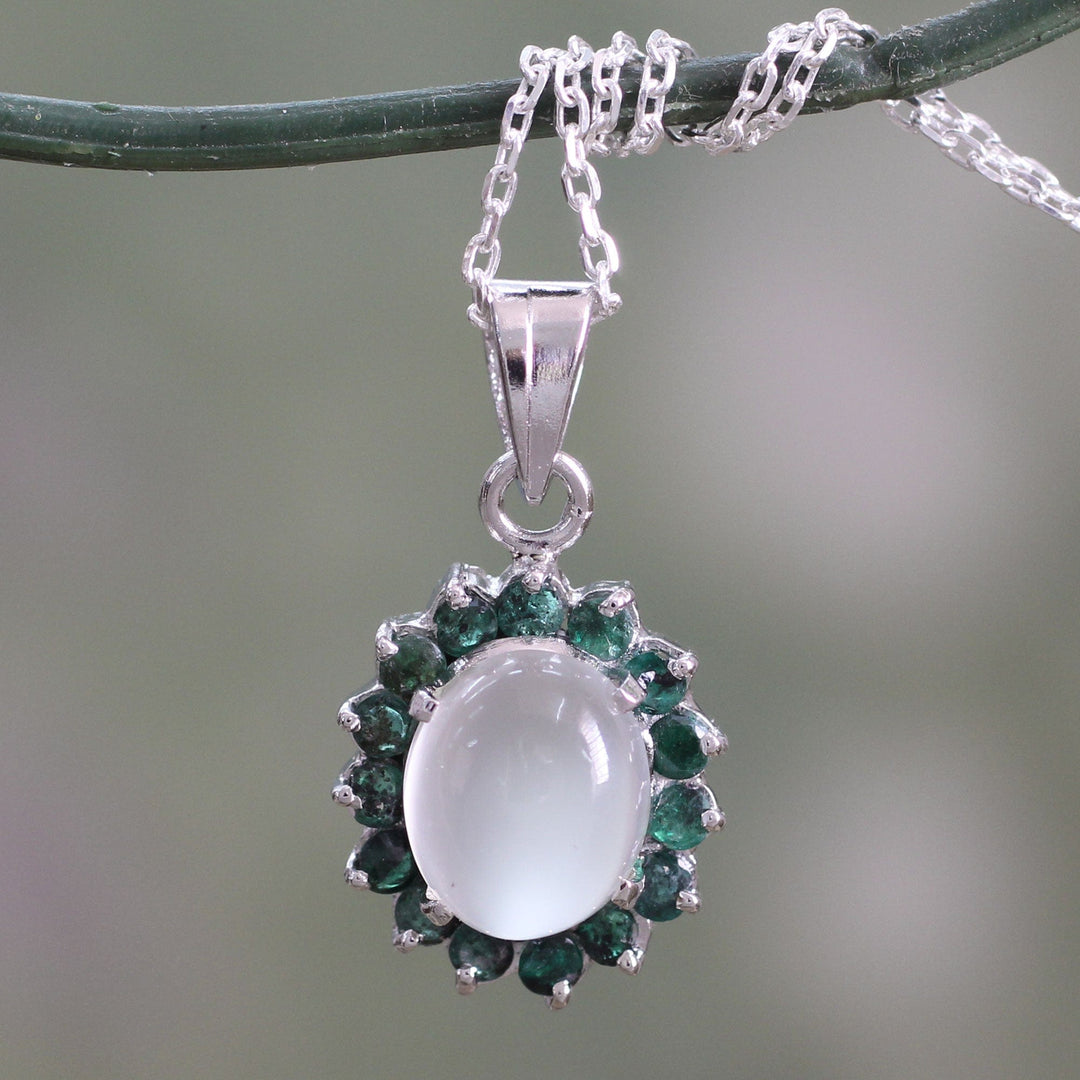 Sterling Silver Necklace with Emerald and Moonstone - Love and Devotion