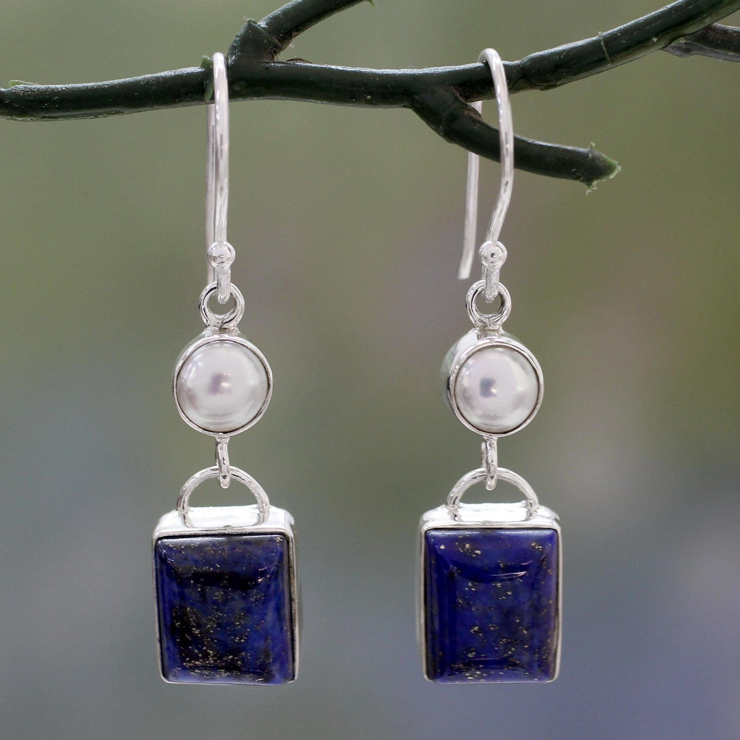 Sterling Silver Dangle Earrings with White Pearls and Lapis Lazuli - Bangalore Glam