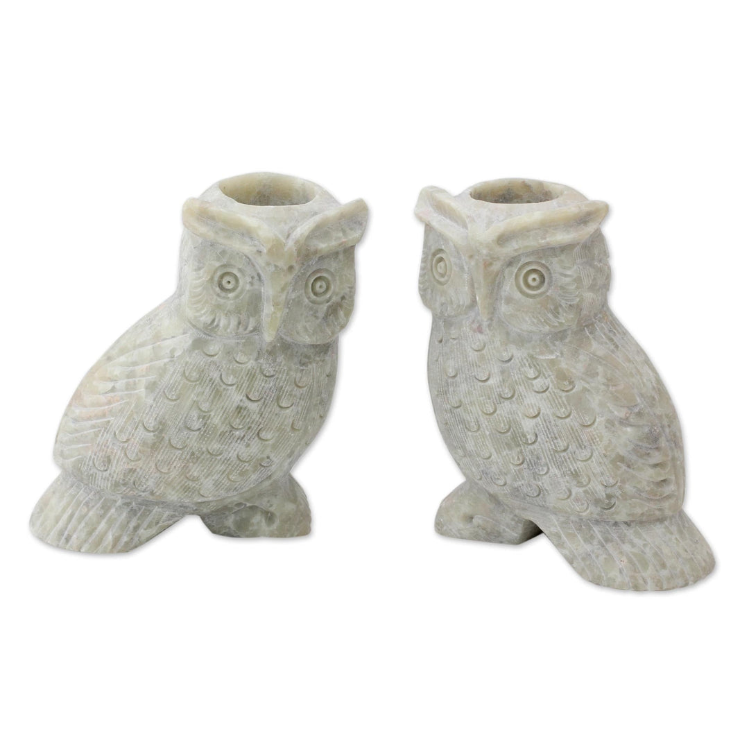 Hand Carved Soapstone Owl Candle Holders (Pair) - Night Glow