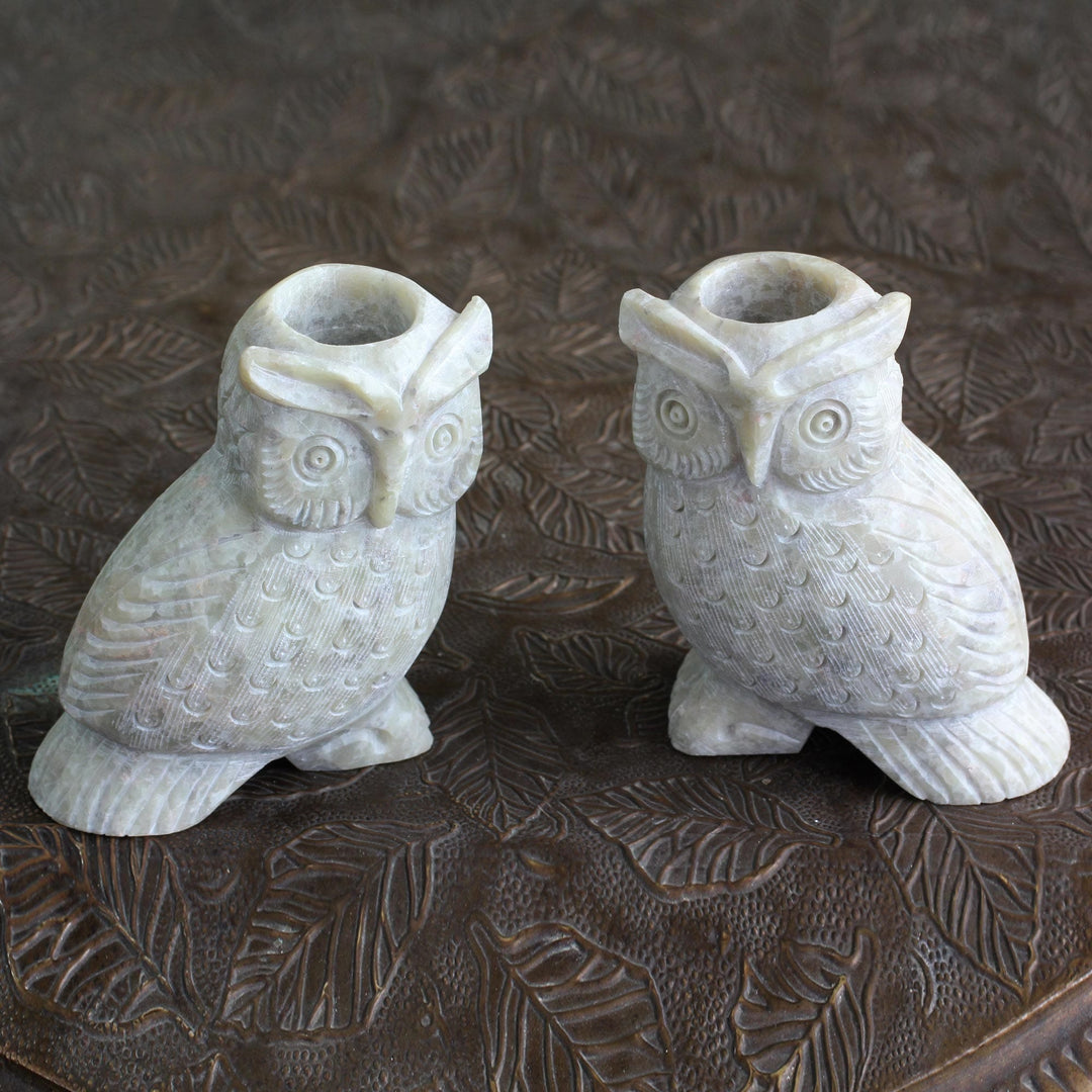 Hand Carved Soapstone Owl Candle Holders (Pair) - Night Glow