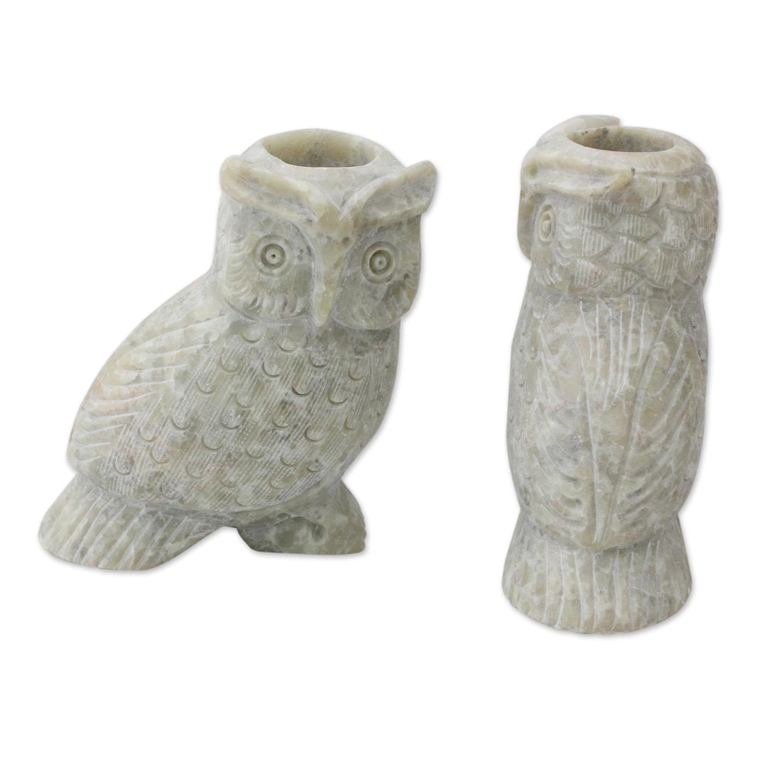 Hand Carved Soapstone Owl Candle Holders (Pair) - Night Glow