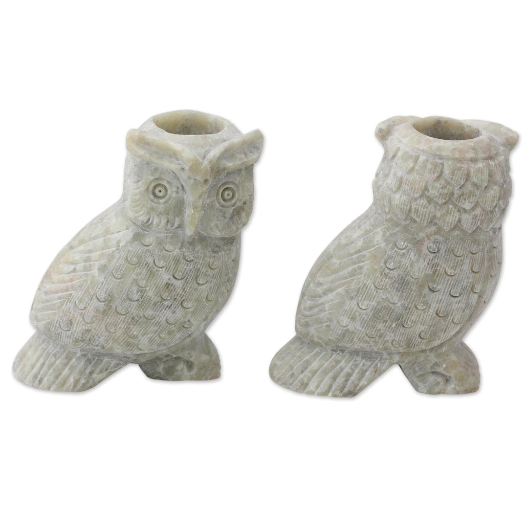 Hand Carved Soapstone Owl Candle Holders (Pair) - Night Glow