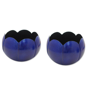 Antiqued Royal Blue Steel Tealight Holders (Pair) - Royal Scallop