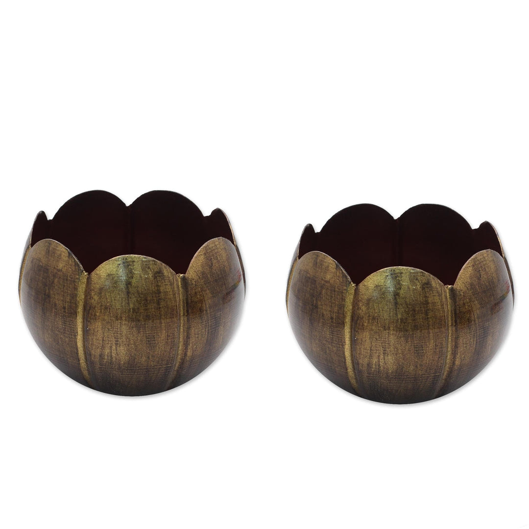 Antiqued Tealight Candle Holders - Set of 2 - Golden Scallop