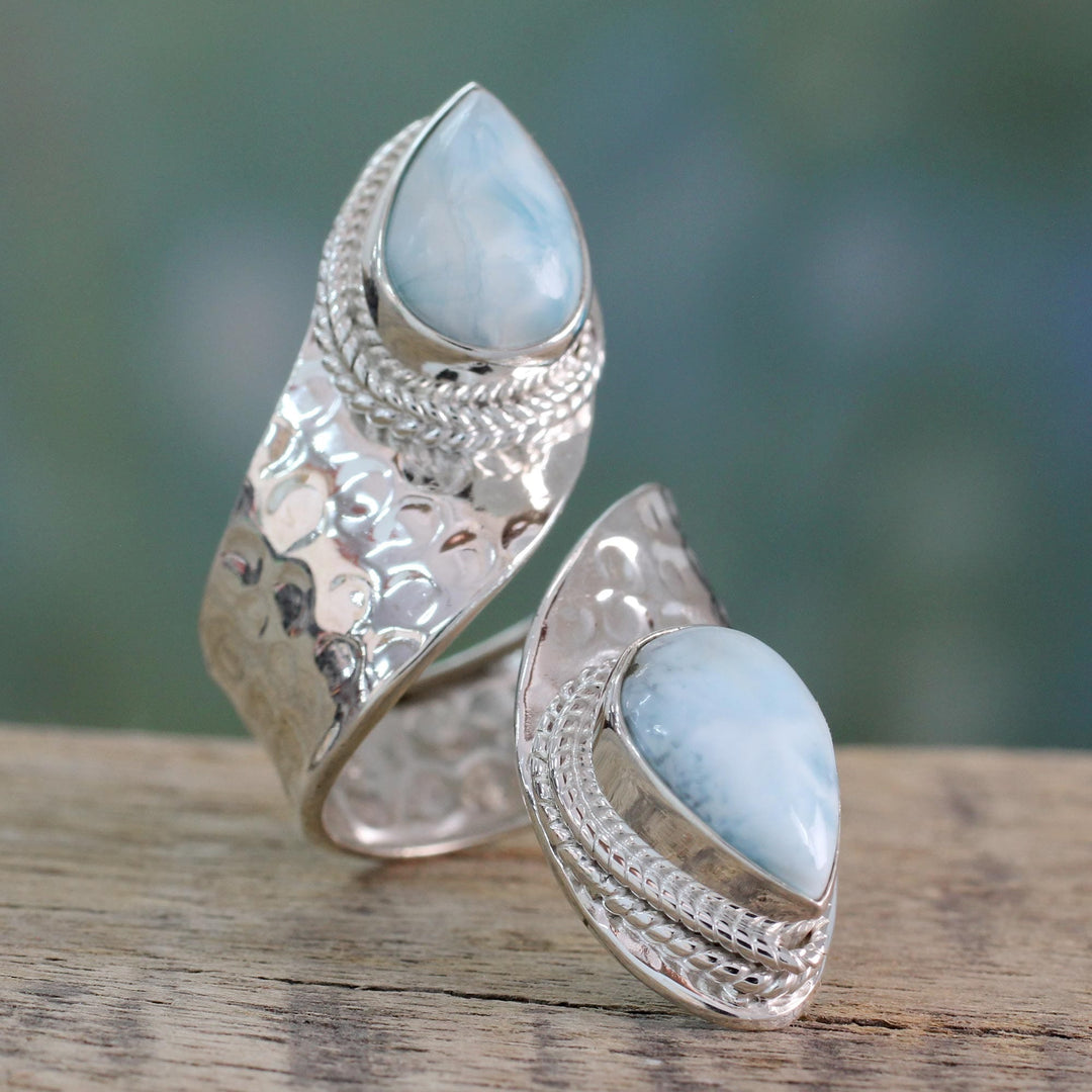 Wrap Style Ring in Sterling Silver with Larimar Gems - Dreamy Duo