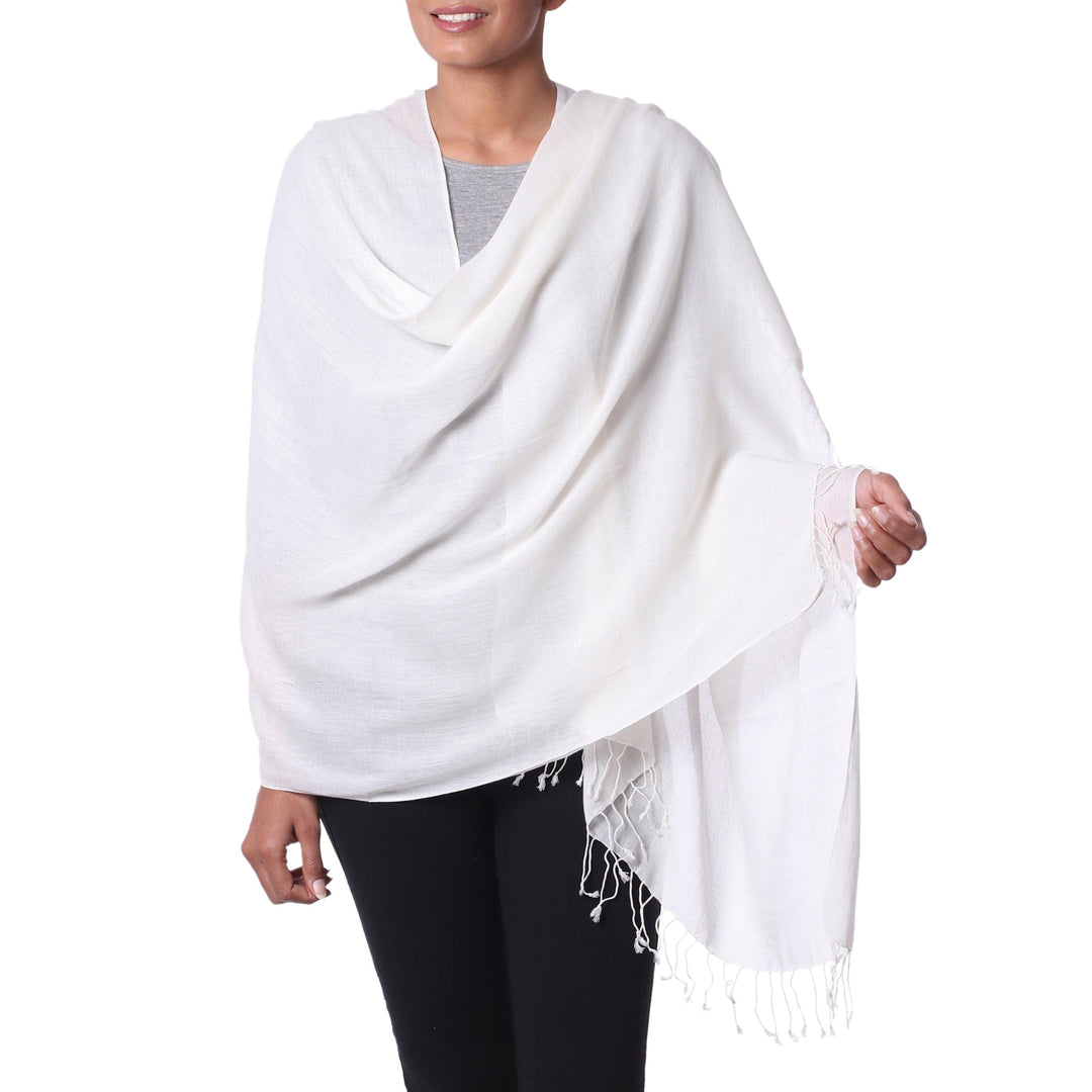 Fringed Off White 100% Cotton Shawl from India - Dancing Cloud