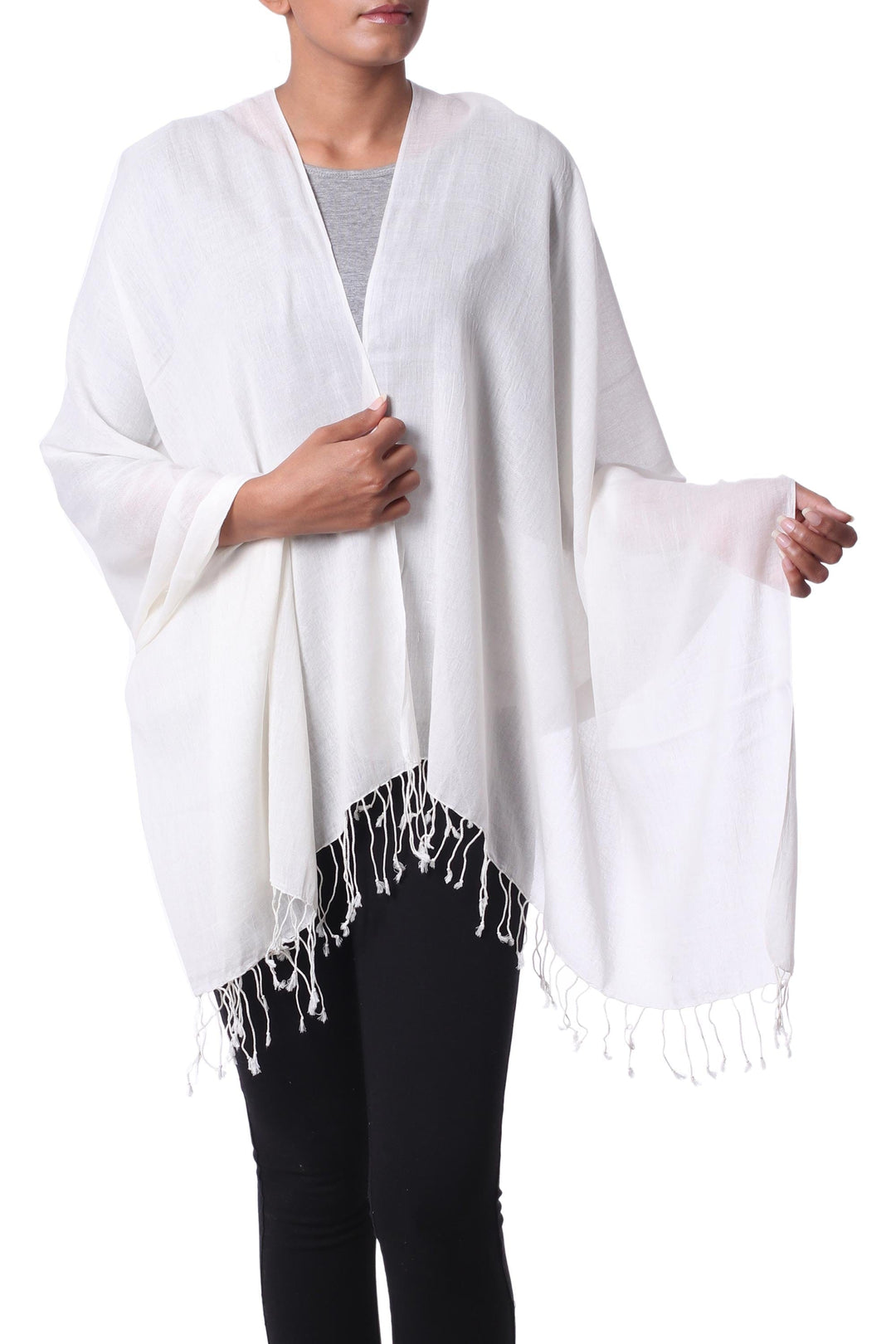 Fringed Off White 100% Cotton Shawl from India - Dancing Cloud