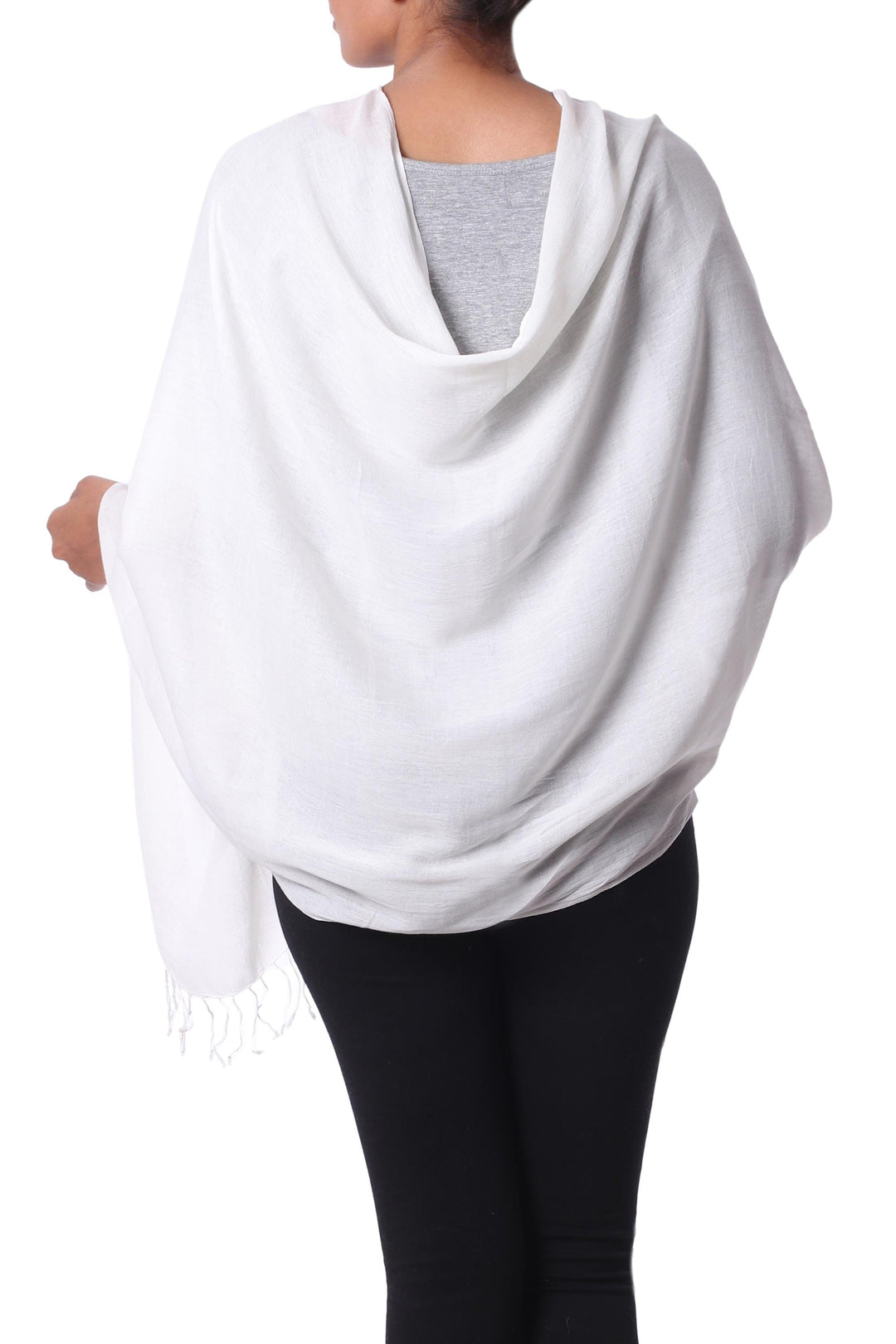 Fringed Off White 100% Cotton Shawl from India - Dancing Cloud