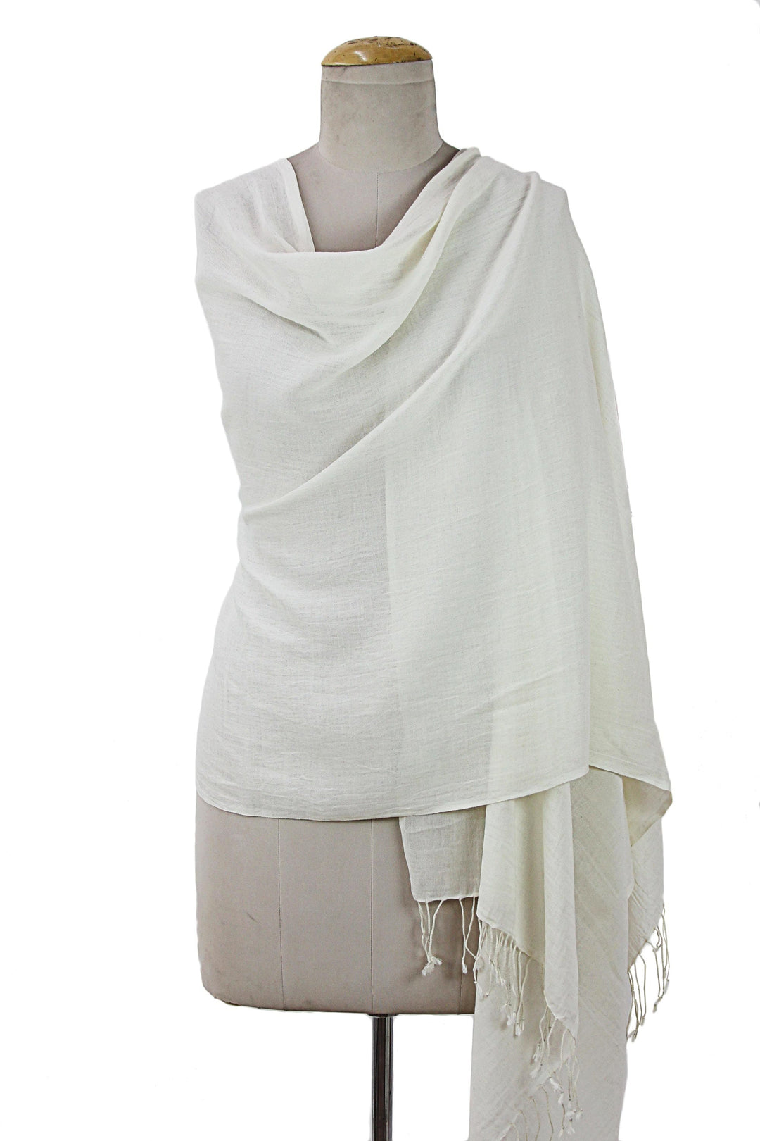 Fringed Off White 100% Cotton Shawl from India - Dancing Cloud