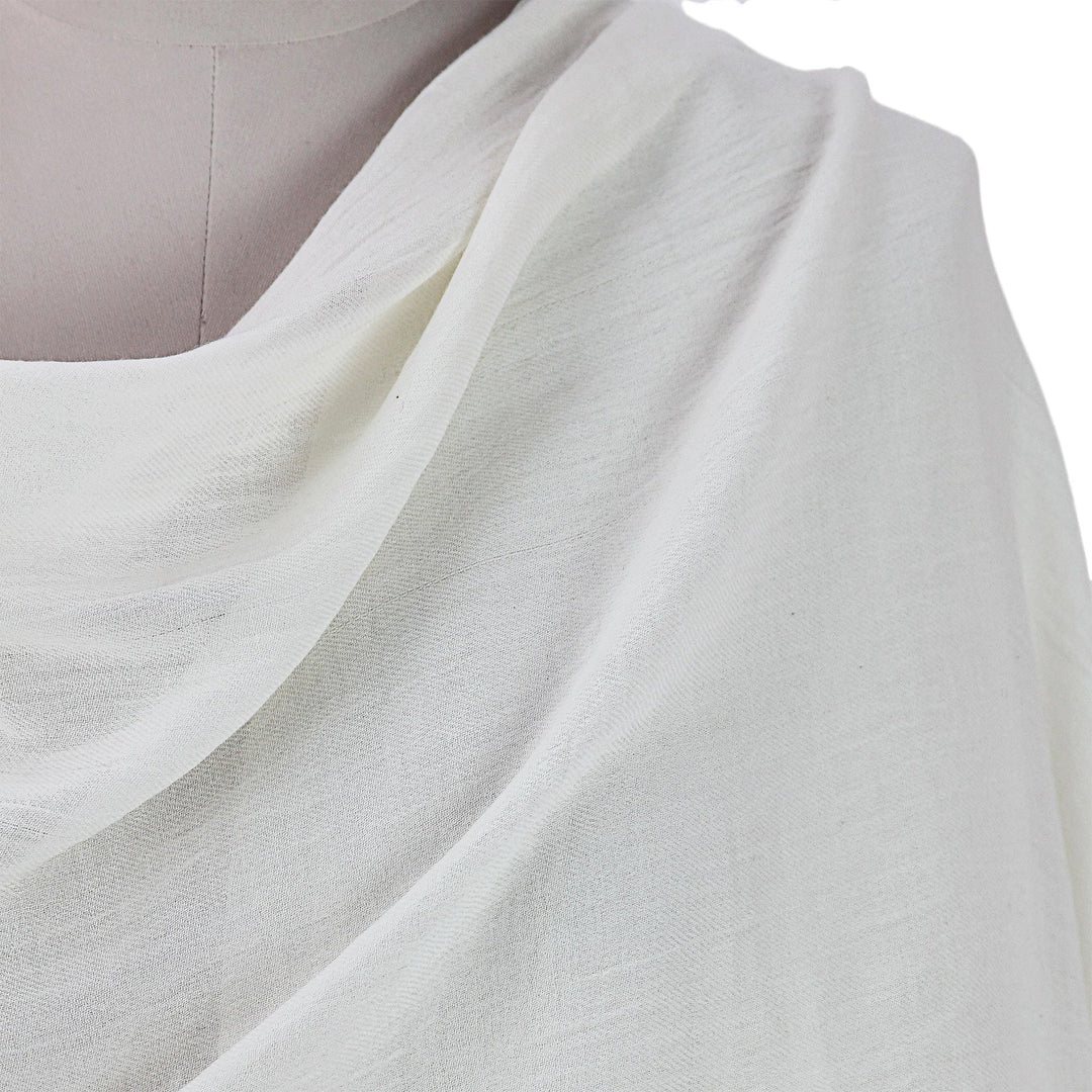 Fringed Off White 100% Cotton Shawl from India - Dancing Cloud